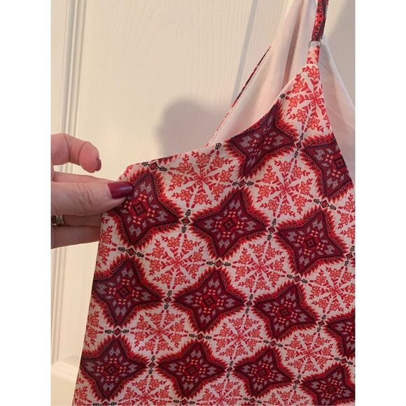 LULUS SLIP DRESS SPAGHETTI STRAPS V NECK BOHO CORAL/RED/WHITE OFFICE SIREN SZ L - Picture 9 of 13